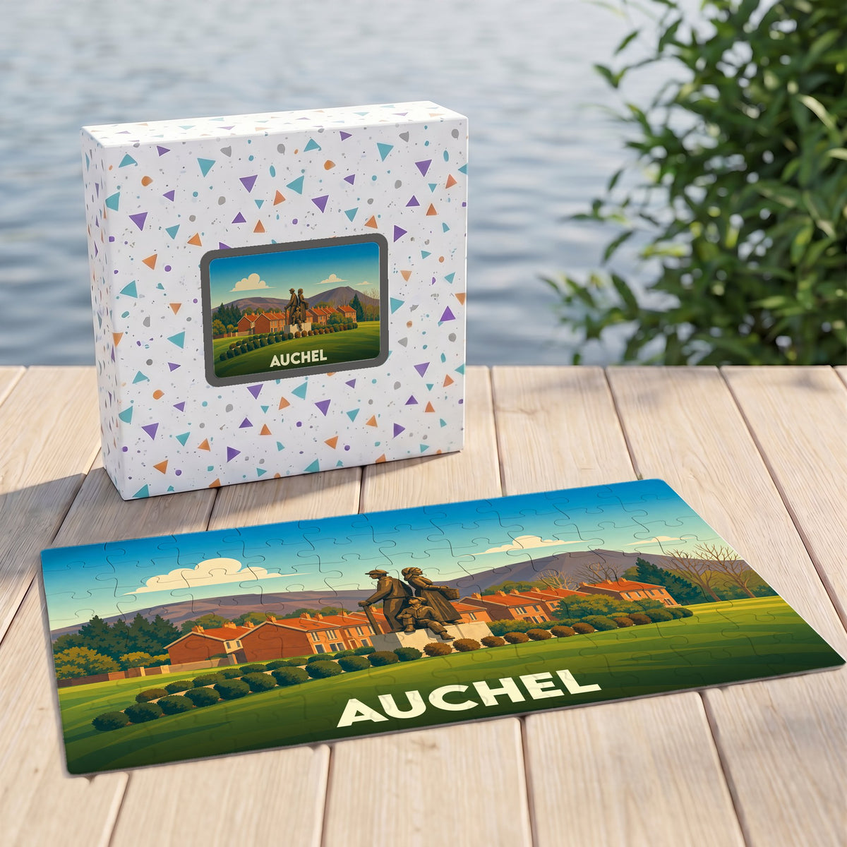 Puzzle souvenir de la ville d'Auchel illustrant un monument historique sur un fond paysager stylisé.