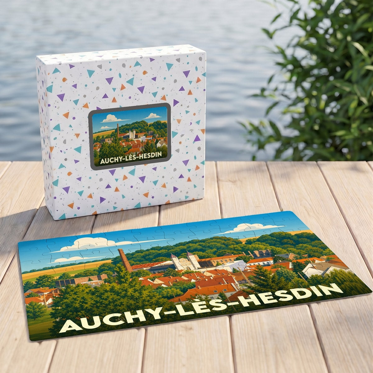 Puzzle souvenir de la ville de Auchy-lès-Hesdin avec une illustration stylisée et colorée.