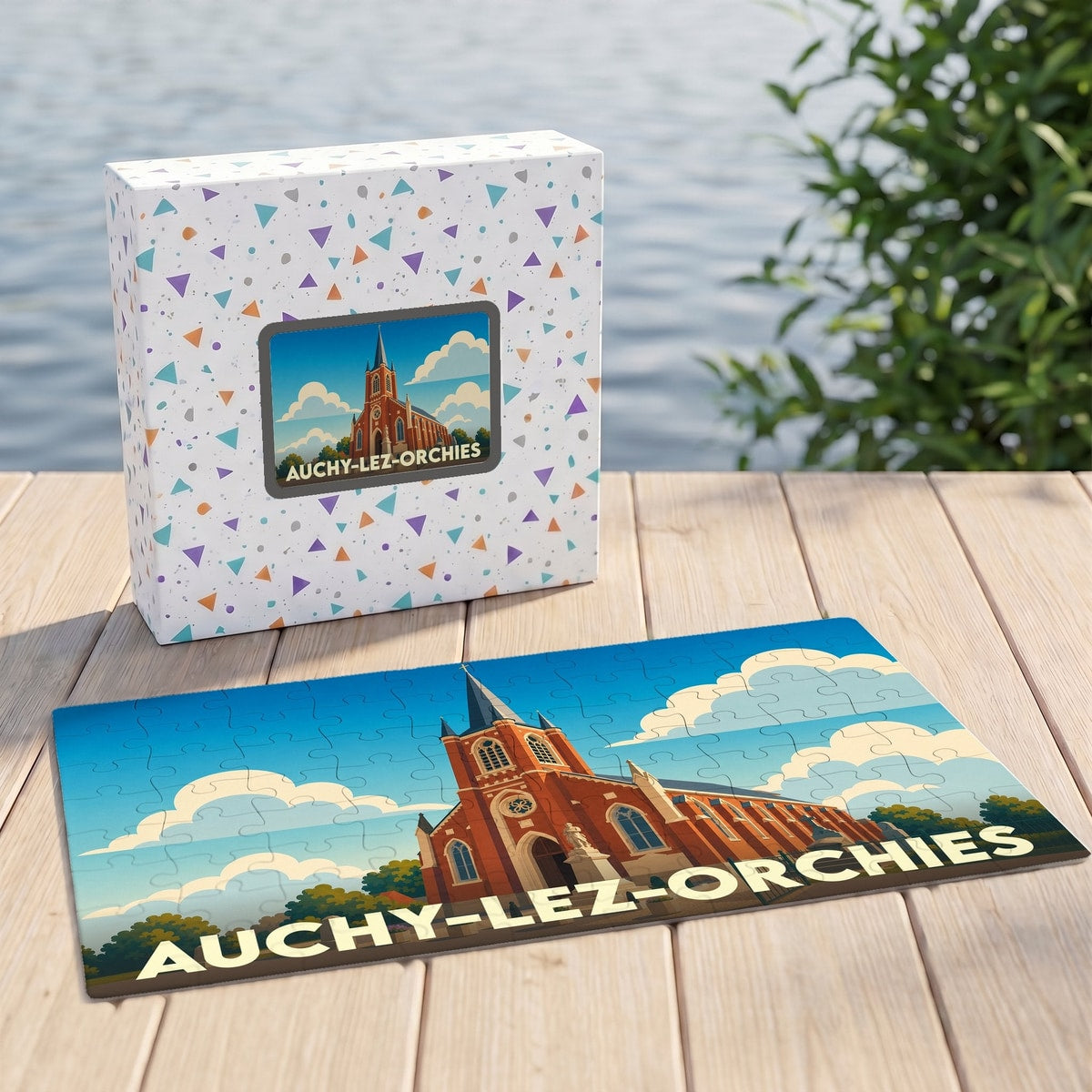 Puzzle souvenir de la ville de Auchy-lez-Orchies avec une illustration stylisée de son église.