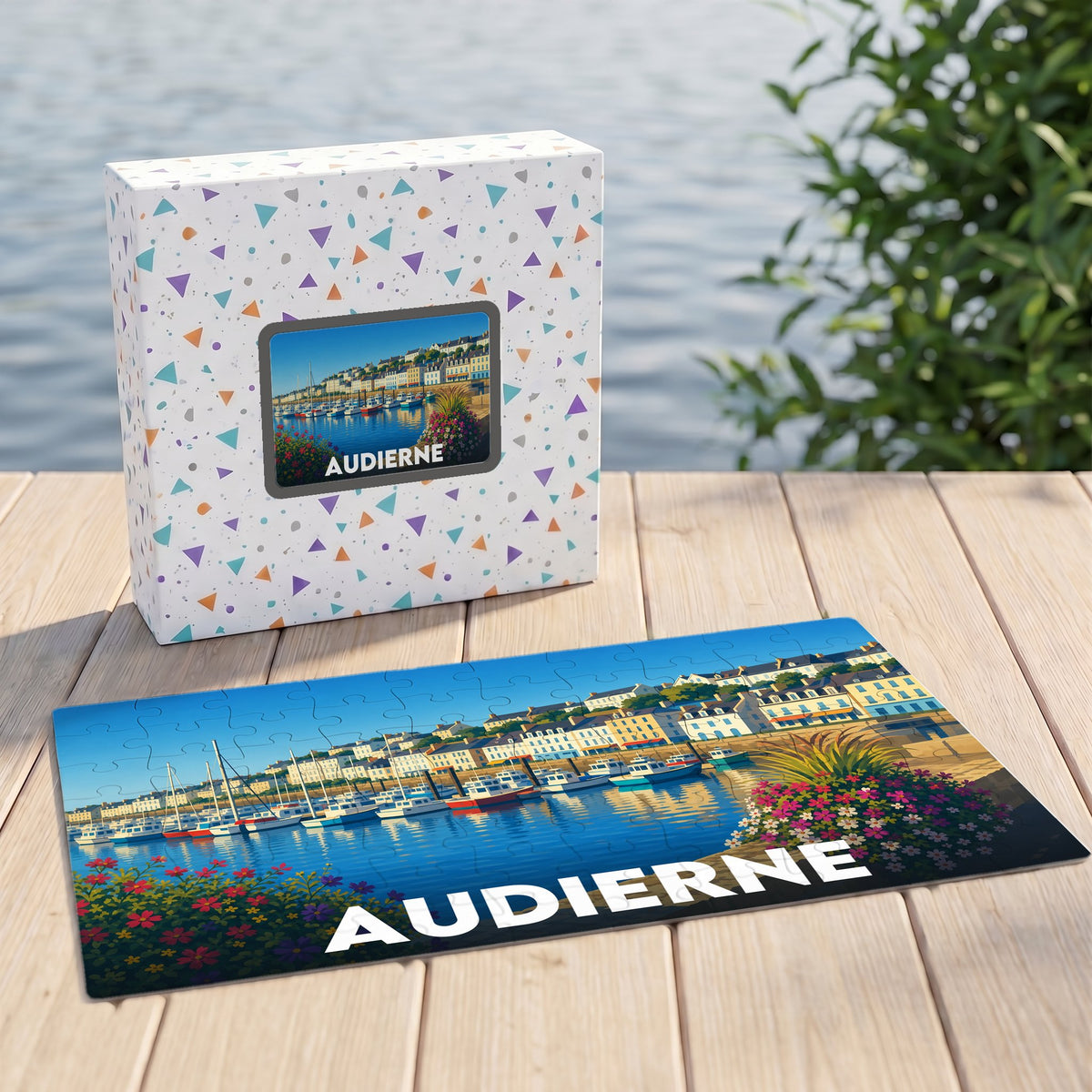 Puzzle souvenir de la ville d'Audierne illustrant son port de plaisance avec un lettrage blanc.