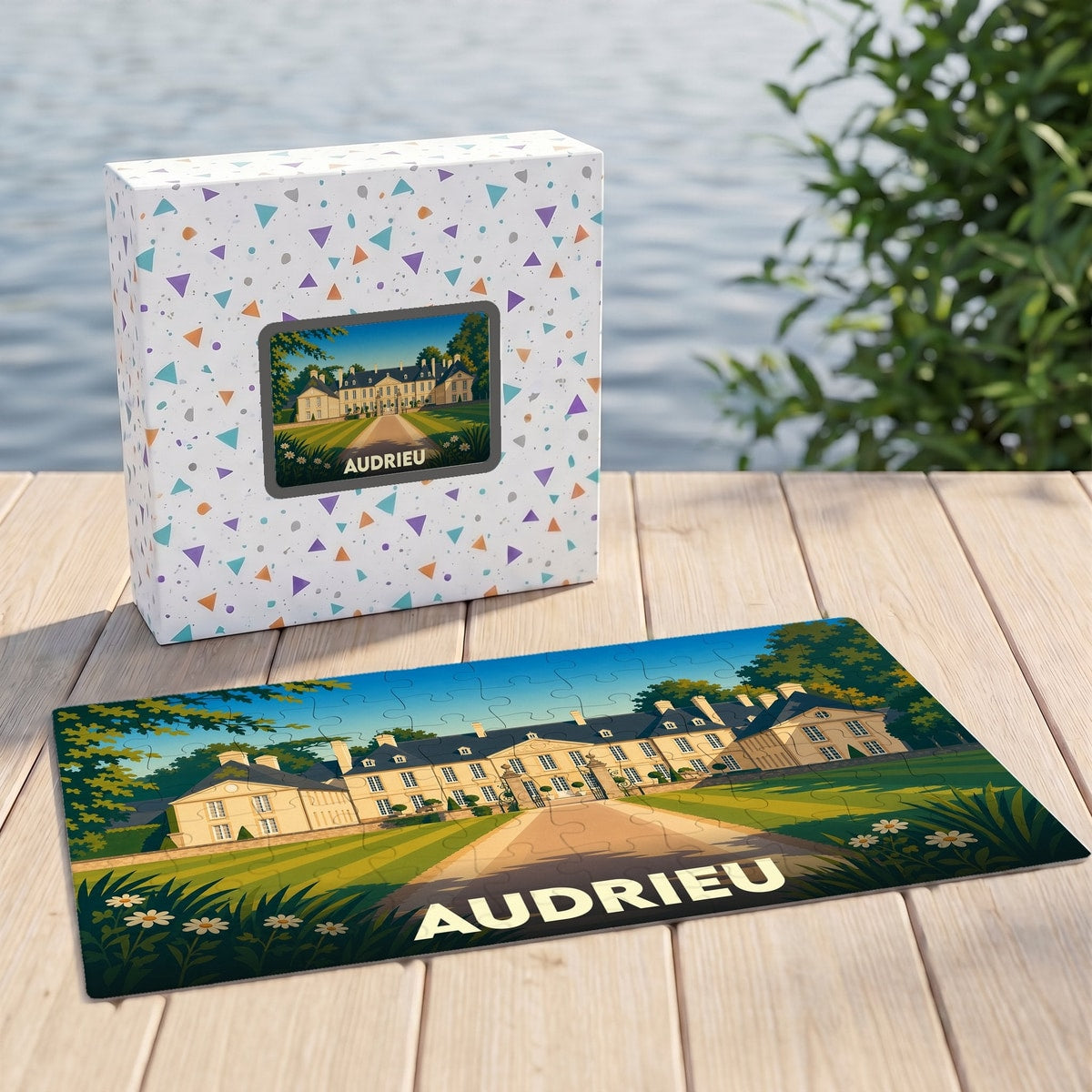 Puzzle souvenir de la ville de Audrieu illustré d'un château stylisé avec sa boîte assortie.