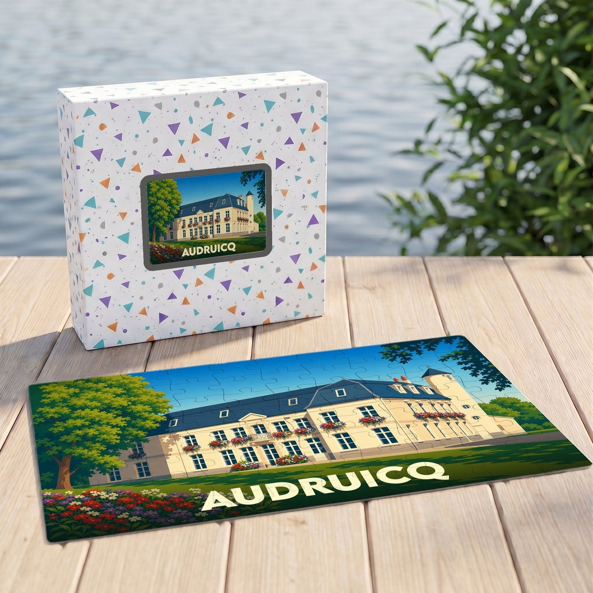 Puzzle souvenir de la ville d'Audruicq avec une illustration stylisée d'un bâtiment historique.