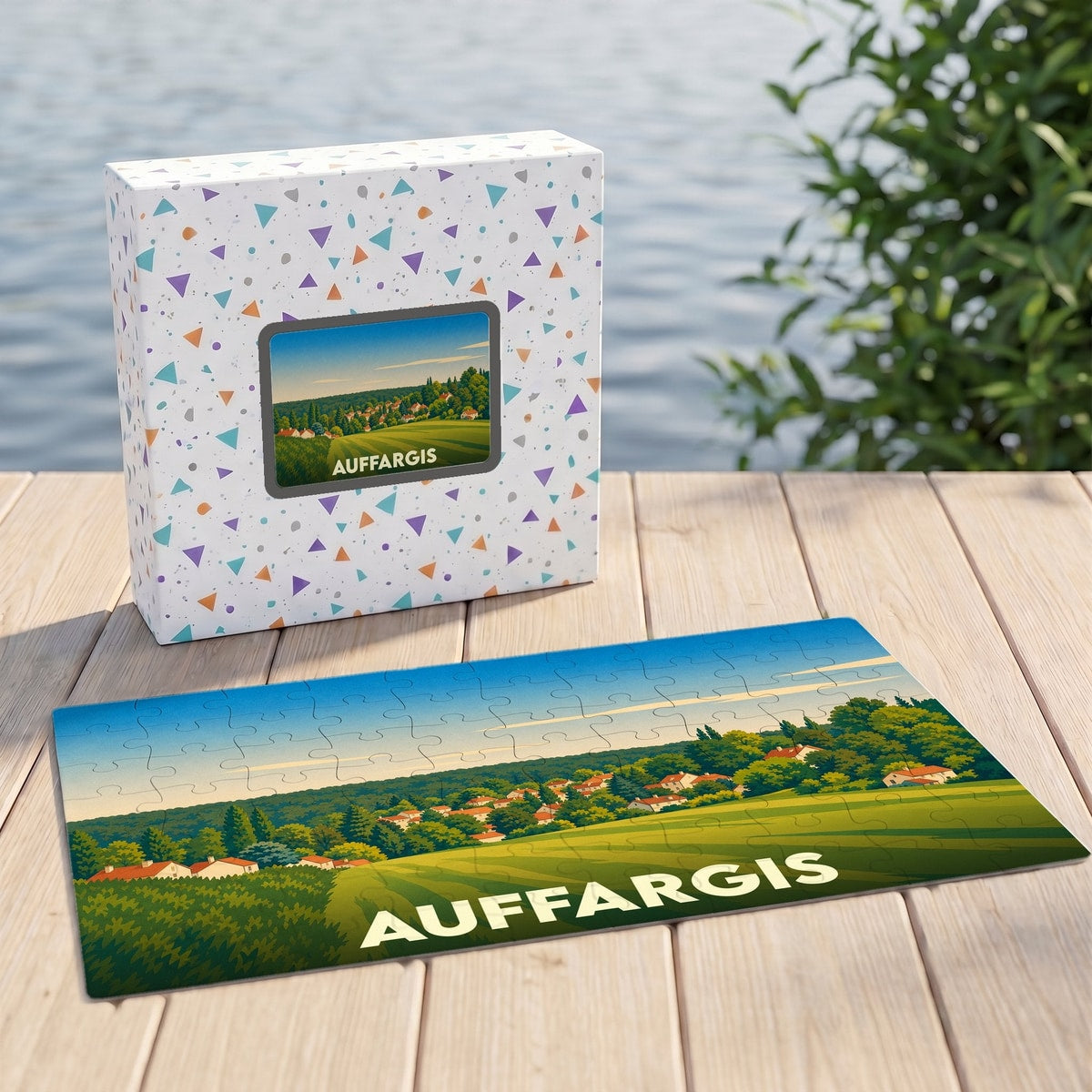 Puzzle souvenir de la ville d'Auffargis représentant un paysage illustré dans son coffret assorti.