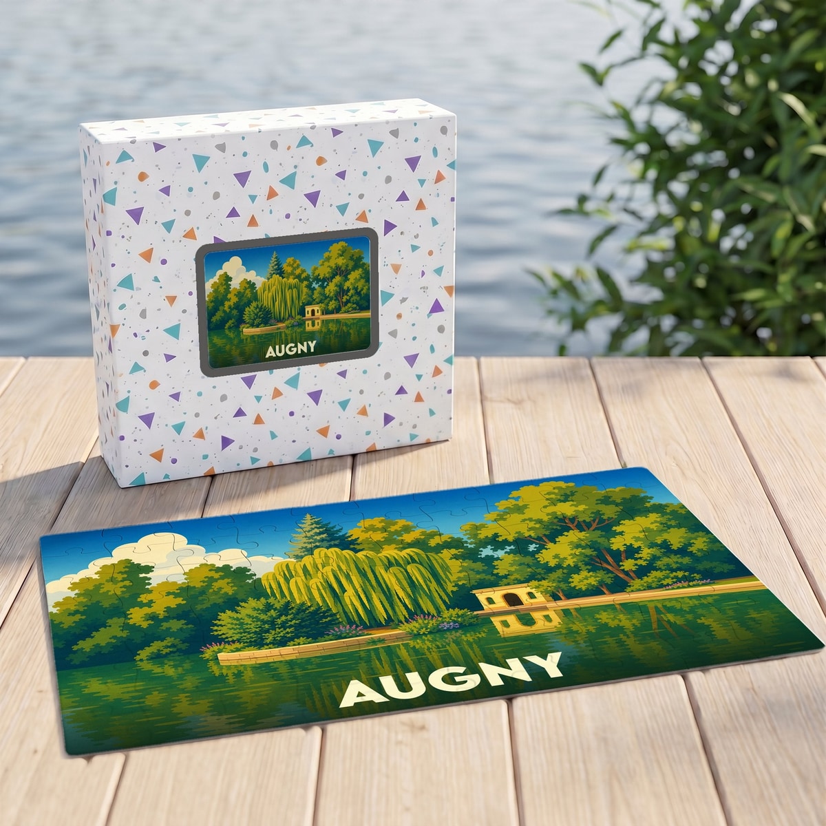 Puzzle souvenir de la ville de Augny représentant un paysage de parc avec étang dans un style illustré.