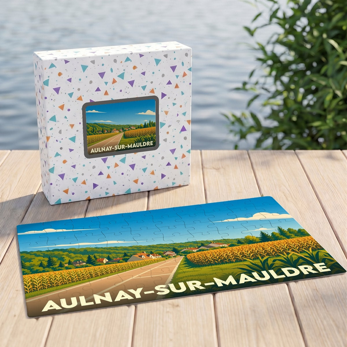 Puzzle souvenir de la ville de Aulnay-sur-Mauldre avec une illustration stylisée d'un paysage rural.