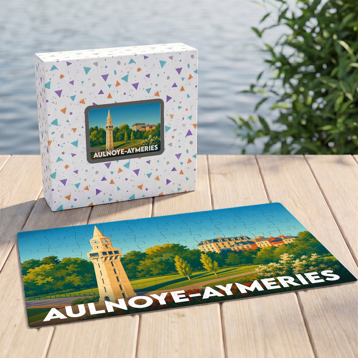 Puzzle souvenir de la ville d'Aulnoye-Aymeries avec une illustration stylisée de son paysage urbain et de sa tour.