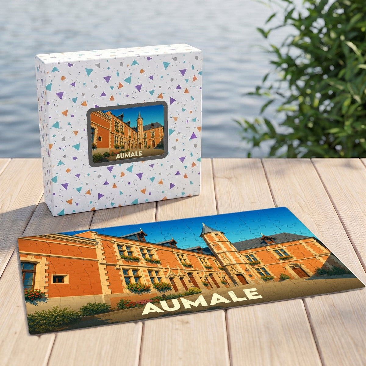 Puzzle souvenir de la ville d'Aumale présentant une illustration stylisée d'un bâtiment historique.