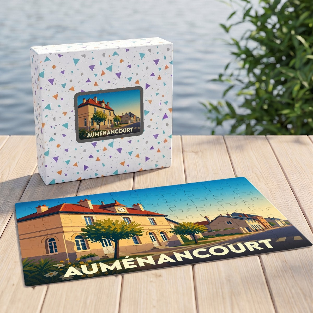 Puzzle souvenir de la ville d'Auménancourt illustrant un bâtiment historique sous un ciel dégagé.