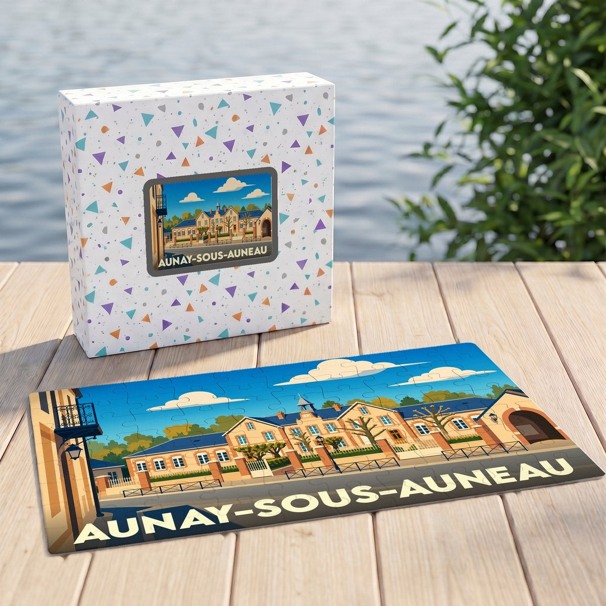Puzzle souvenir de la ville d'Aunay-sous-Auneau avec une illustration stylisée de ses bâtiments.