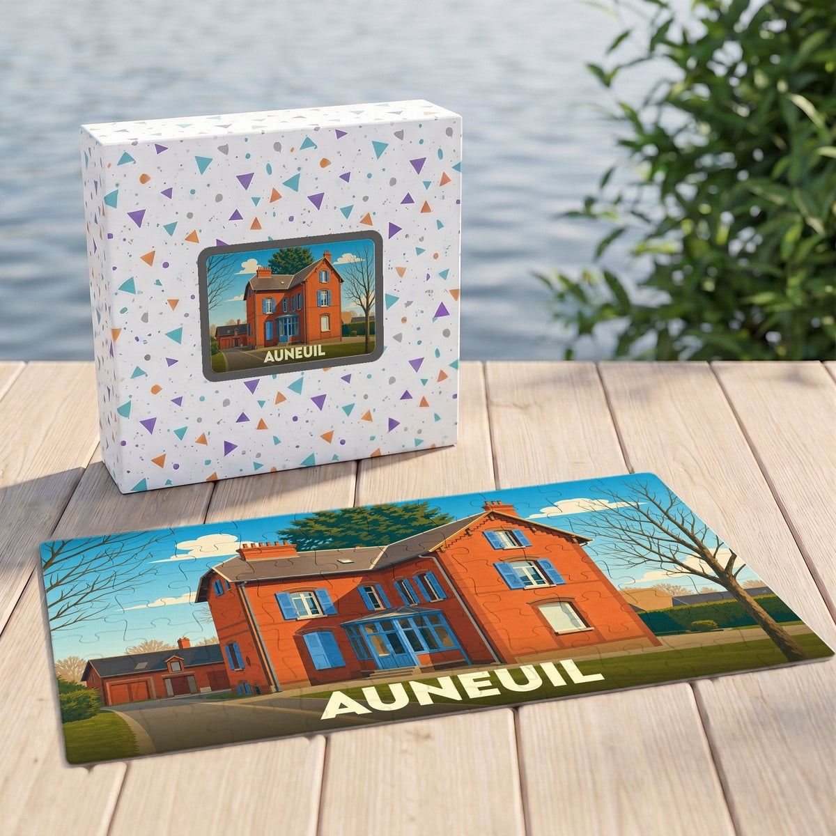 Puzzle souvenir de la ville d'Auneuil représentant une maison traditionnelle avec une illustration stylisée.