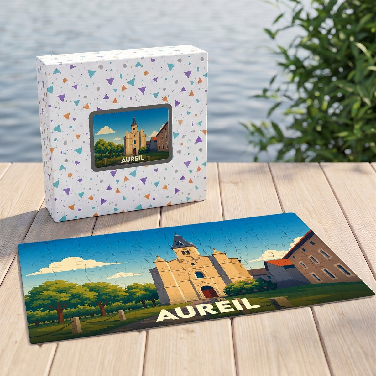 Puzzle souvenir de la ville d'Aureil avec une illustration stylisée d'une église sous un ciel bleu.