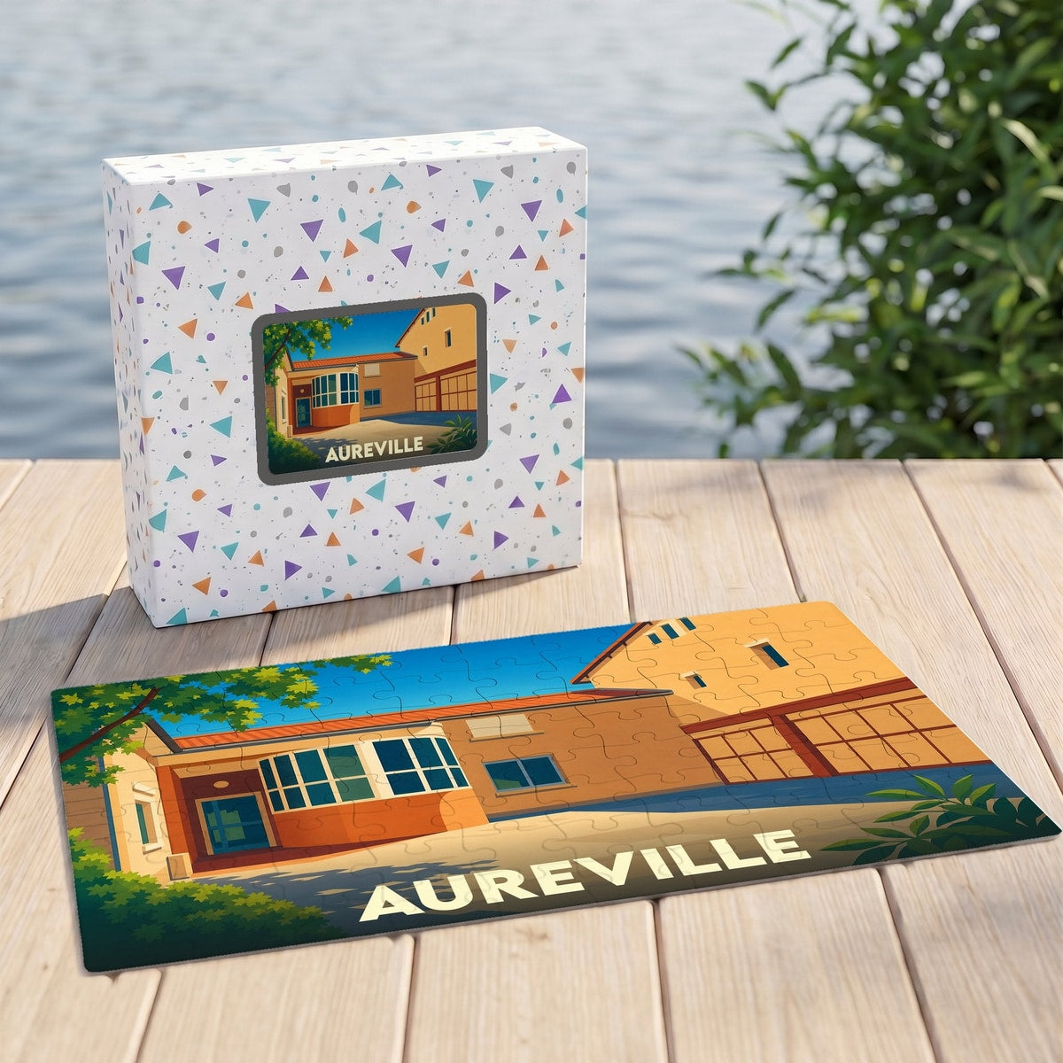 Puzzle souvenir de la ville d'Aureville avec une illustration stylisée d'un bâtiment ensoleillé.