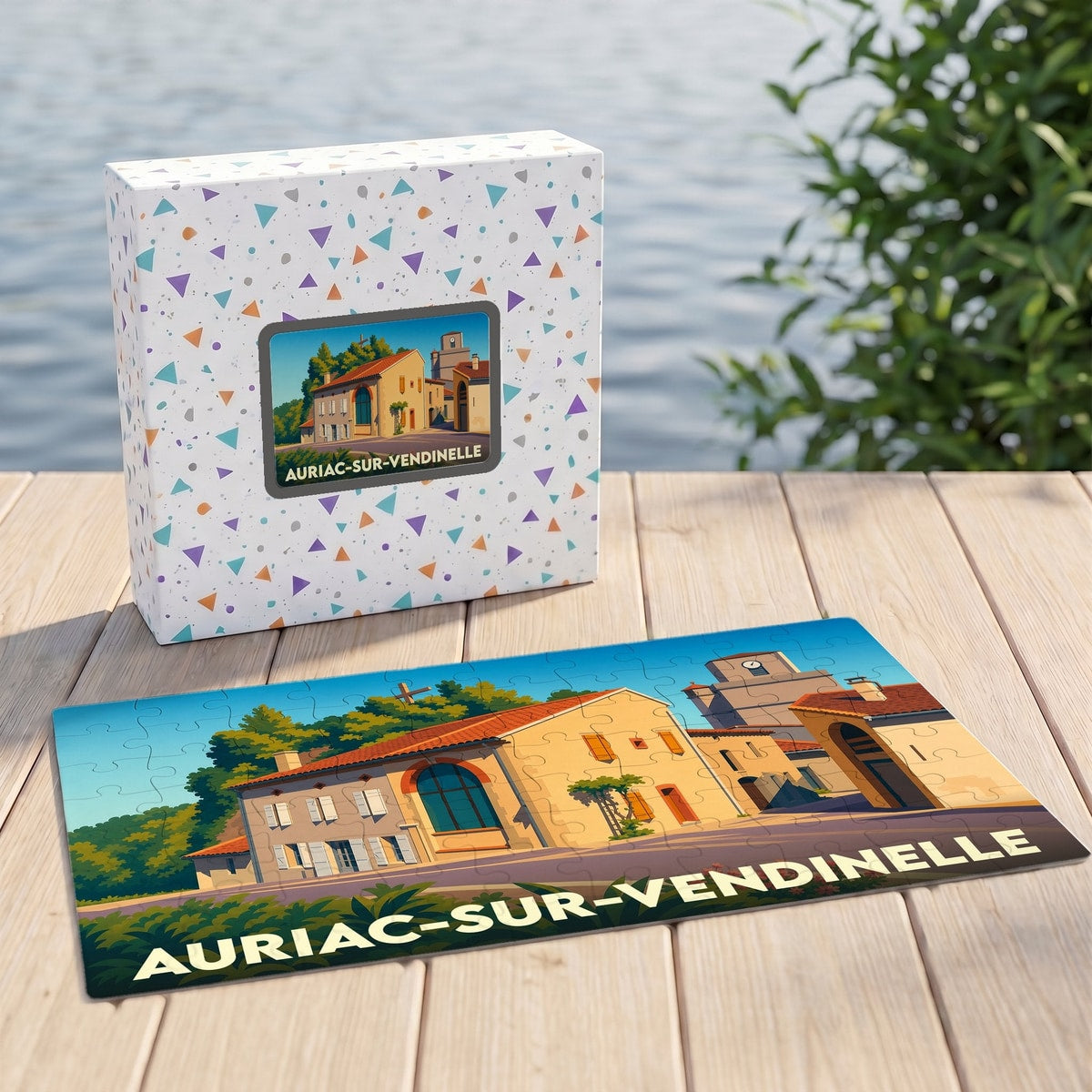 Puzzle souvenir de la ville d'Auriac-sur-Vendinelle avec une illustration colorée de ses bâtiments emblématiques.