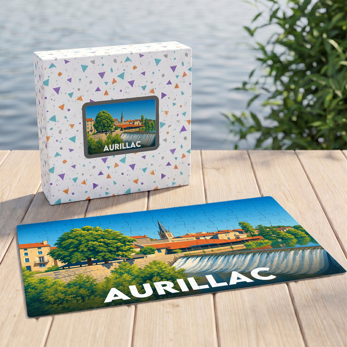Puzzle souvenir de la ville d'Aurillac avec une illustration stylisée d'un paysage urbain au bord de l'eau.