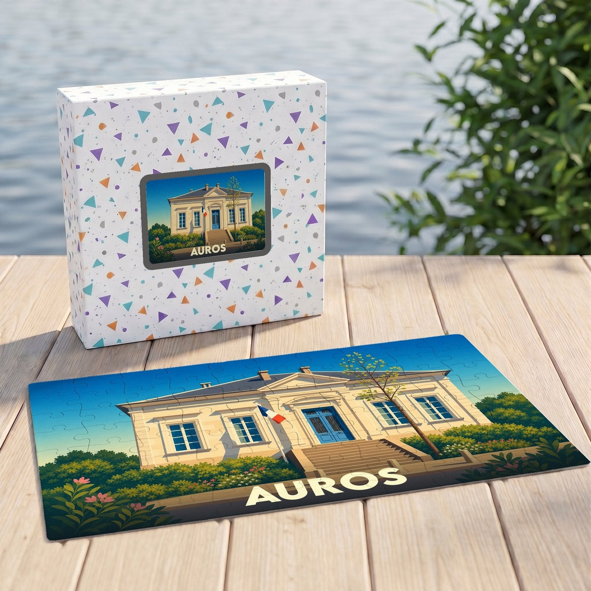 Puzzle souvenir de la ville d'Auros illustré d'un bâtiment de style classique sous un ciel bleu.
