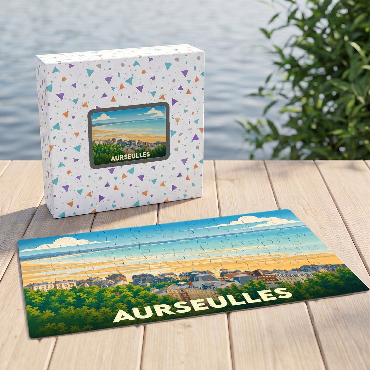 Puzzle souvenir de la ville de Aurseulles avec une illustration panoramique stylisée du bord de mer.