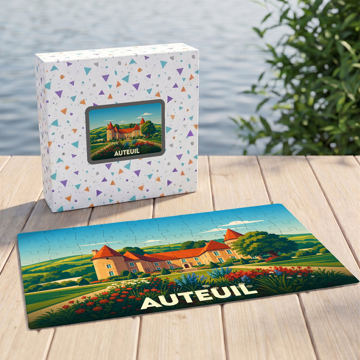 Puzzle souvenir de la ville d'Auteuil avec une illustration panoramique stylisée.