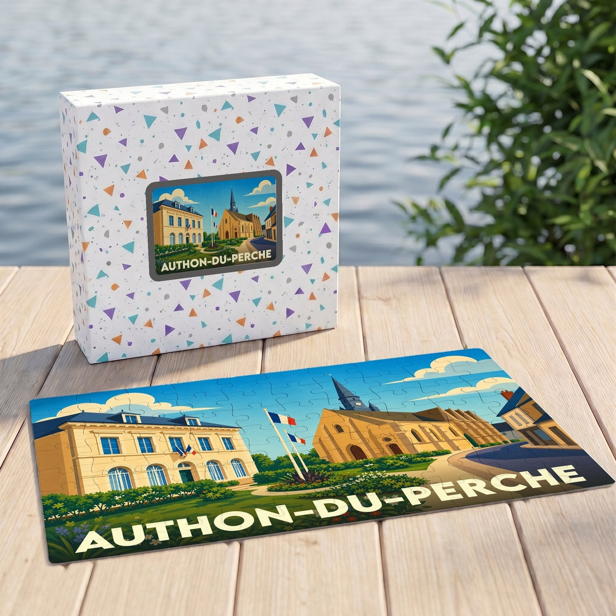 Puzzle souvenir de la ville d'Authon-du-Perche avec une illustration stylisée de son patrimoine architectural.