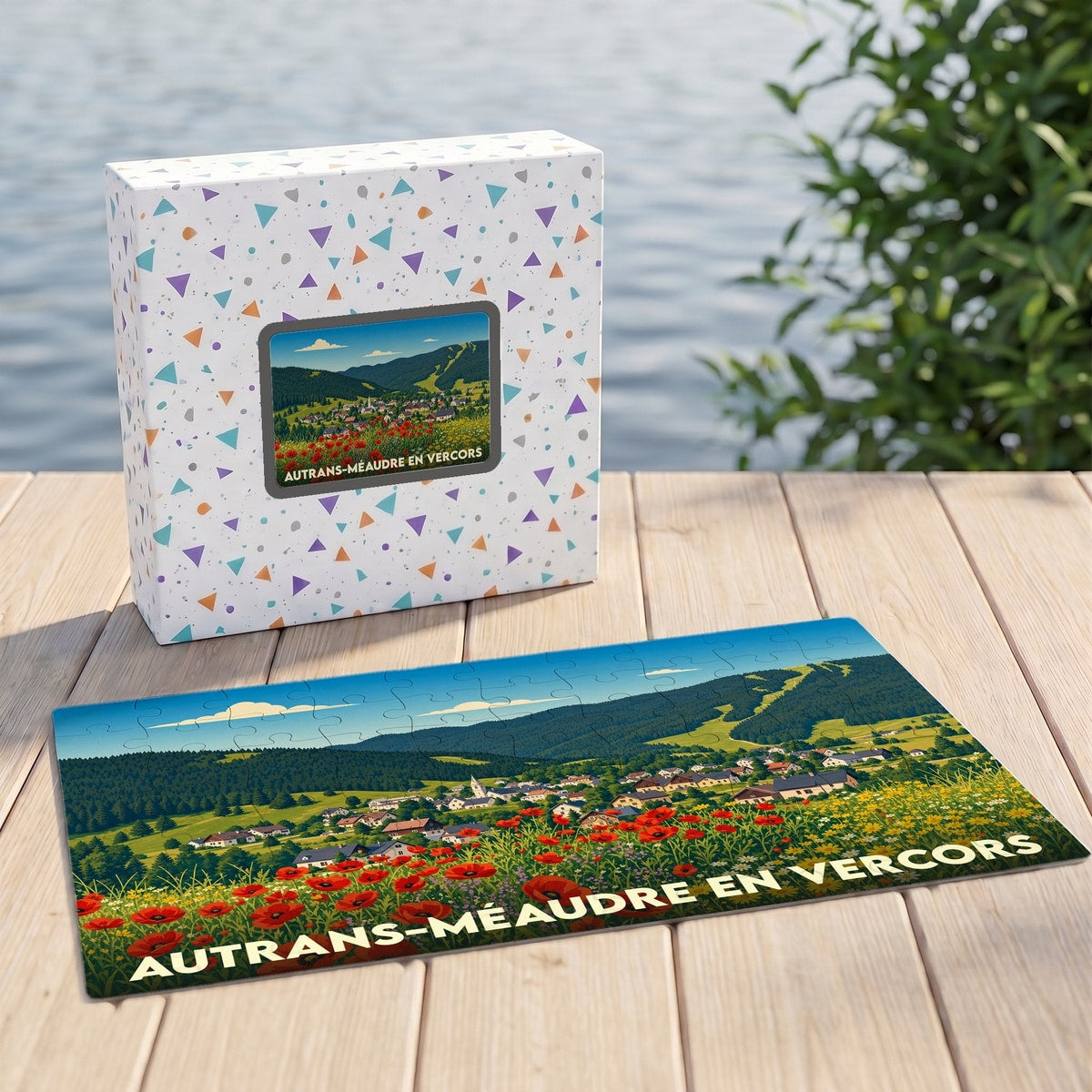 Puzzle souvenir de la ville d'Autrans-Méaudre en Vercors avec une illustration stylisée de son paysage montagneux.
