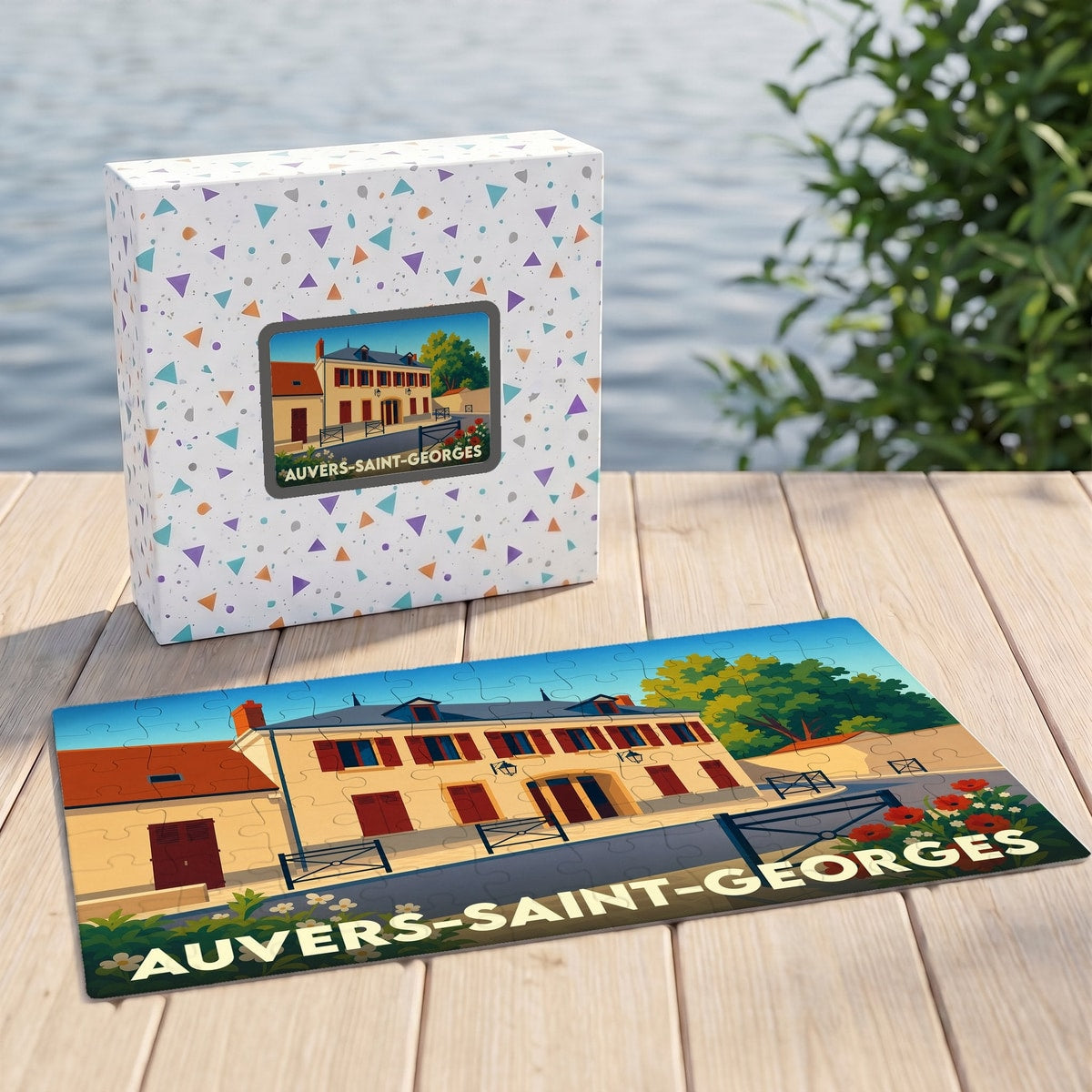 Puzzle souvenir de la ville d'Auvers-Saint-Georges avec une illustration stylisée d'un bâtiment historique.