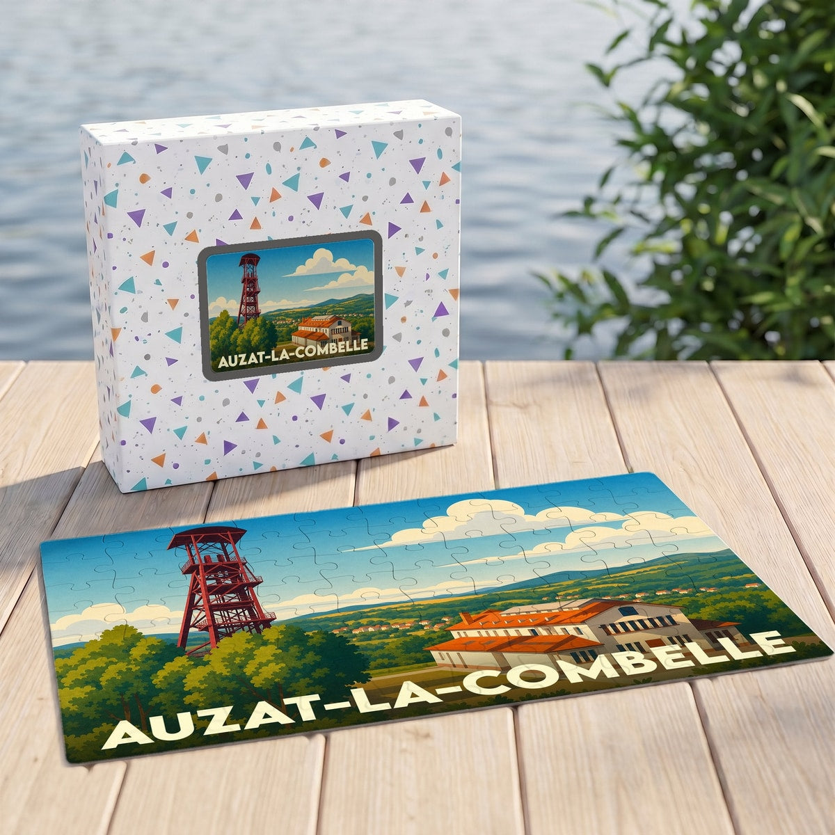 Puzzle souvenir de la ville d'Auzat-la-Combelle avec une illustration de style affiche vintage.