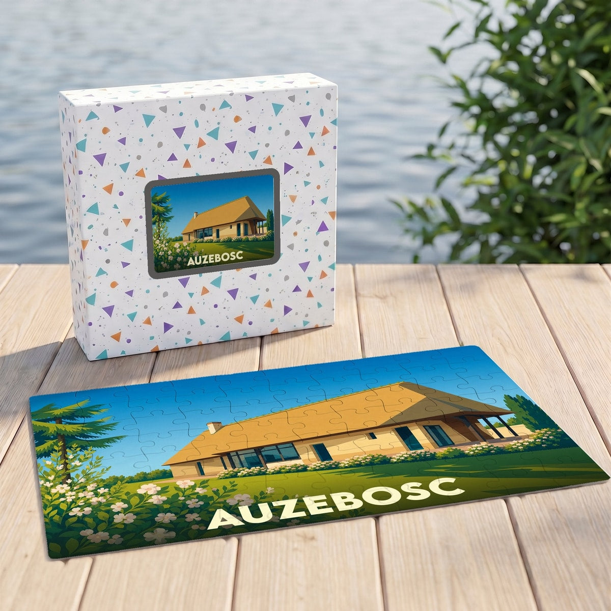 Puzzle souvenir de la ville d'Auzebosc illustré d'une maison traditionnelle normande.