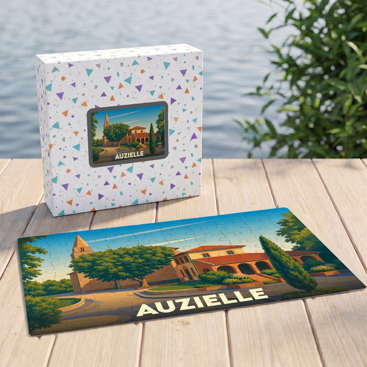 Puzzle souvenir de la ville d'Auzielle avec une illustration stylisée et colorée de son architecture.