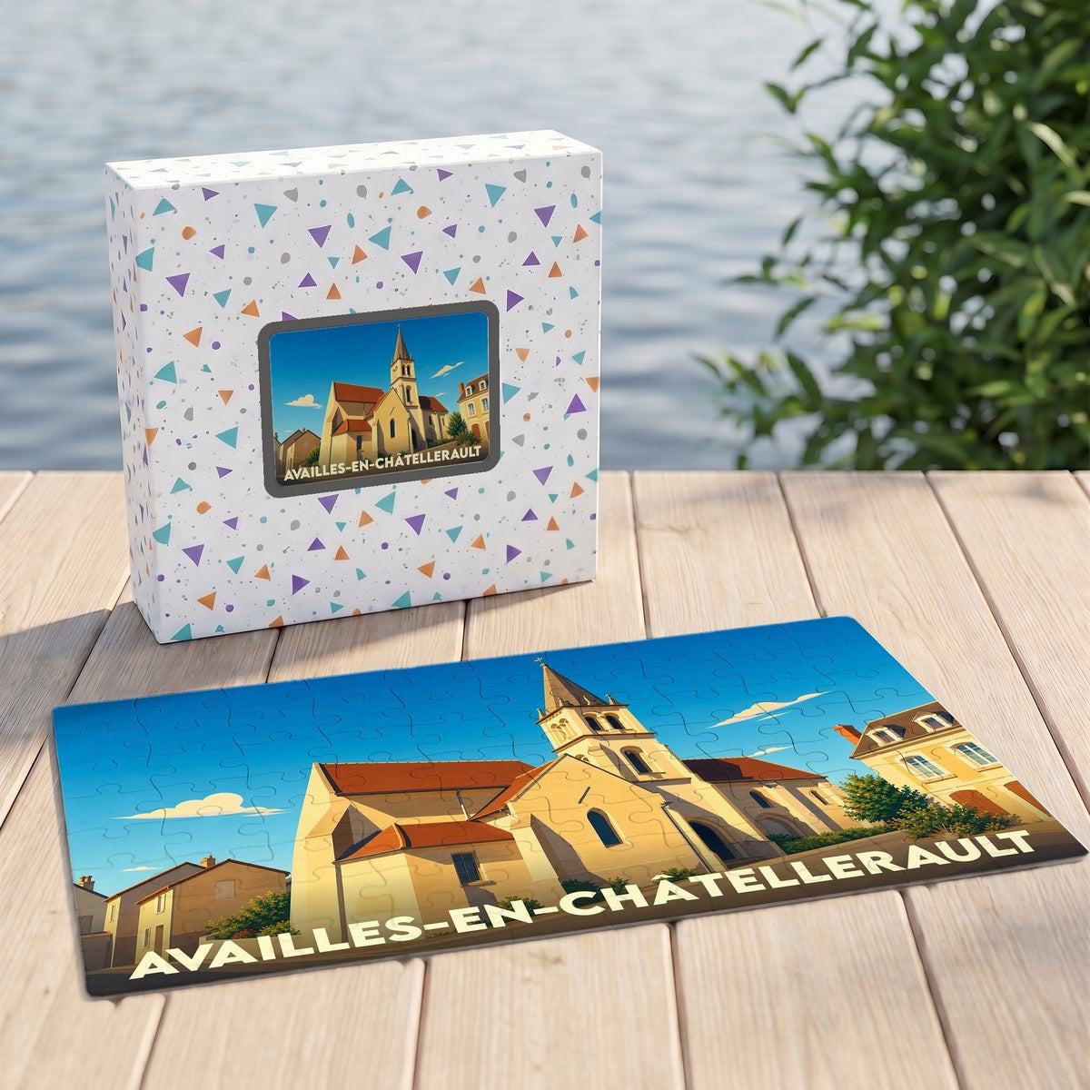 Puzzle souvenir de la ville de Availles-en-Châtellerault avec une illustration stylisée de son église.