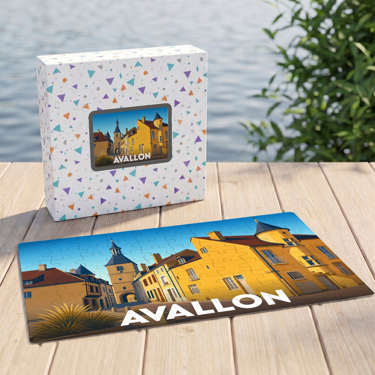 Puzzle souvenir de la ville d'Avallon avec une illustration stylisée et colorée de ses bâtiments historiques.