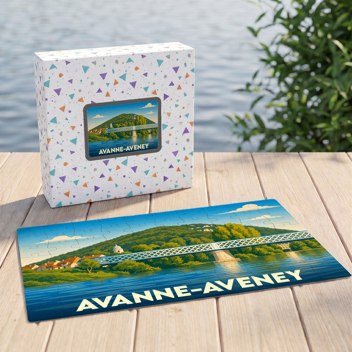 Puzzle souvenir de la ville de Avanne-Aveney avec une illustration stylisée d'un pont sur le Doubs.
