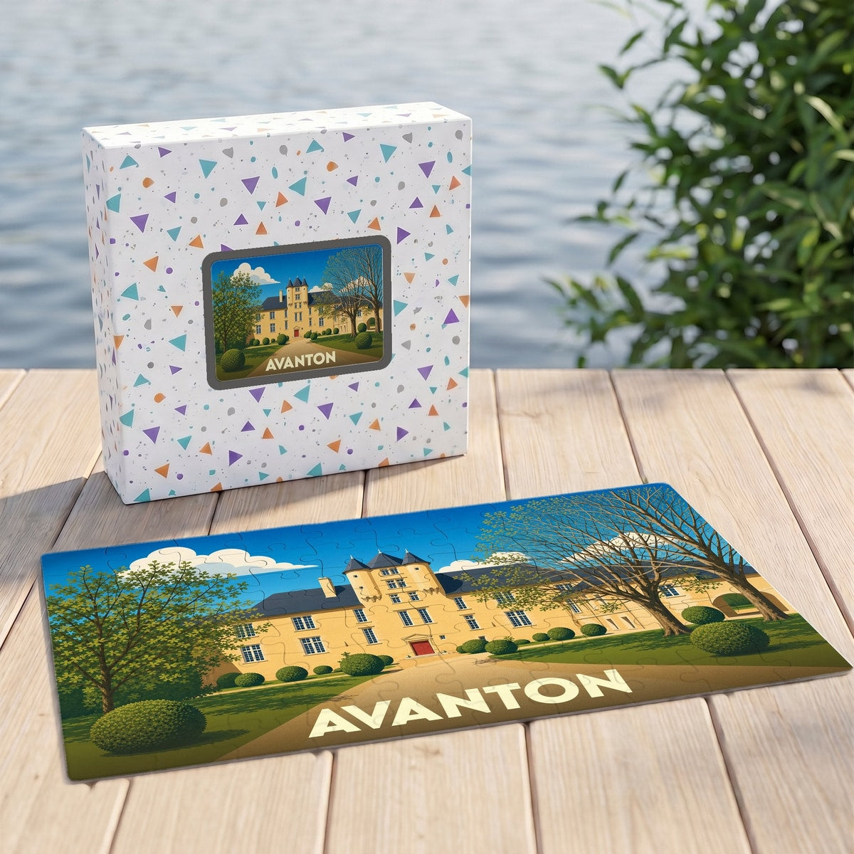 Puzzle souvenir de la ville d'Avanton représentant son château avec une illustration stylisée.