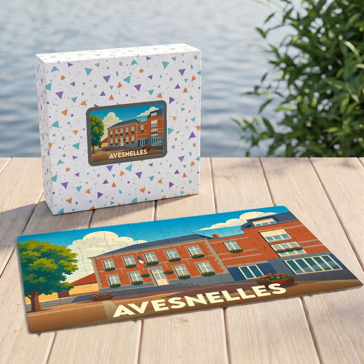 Puzzle souvenir de la ville de Avesnelles avec une illustration stylisée d'un bâtiment communal.