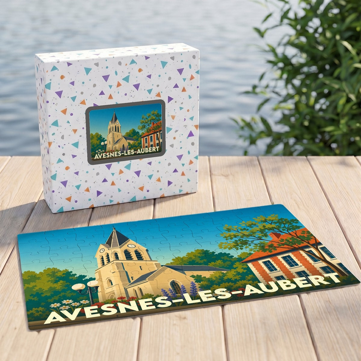 Puzzle souvenir de la ville d'Avesnes-les-Aubert avec une illustration stylisée de l'église et de son environnement.