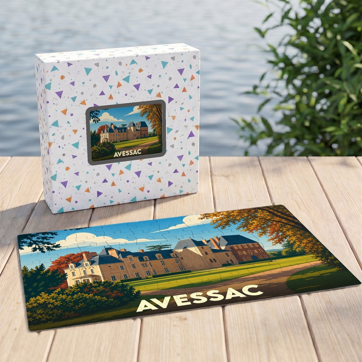 Puzzle souvenir de la ville d'Avessac avec une illustration stylisée d'un château.