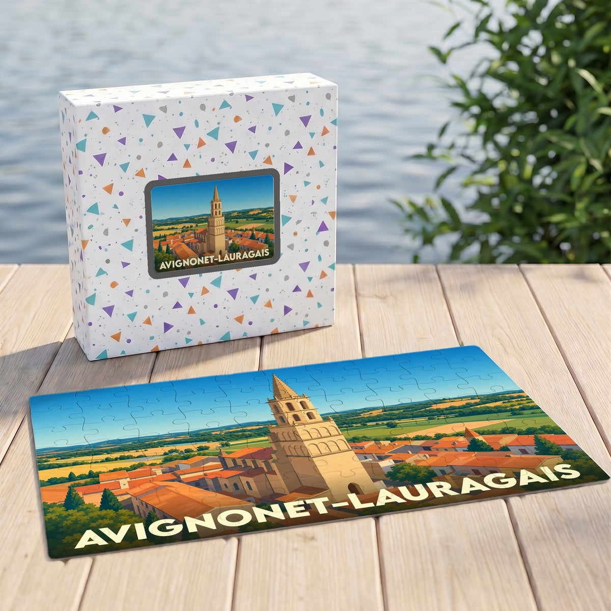 Puzzle souvenir de la ville d'Avignonet-Lauragais avec une illustration stylisée de son clocher et de ses paysages.