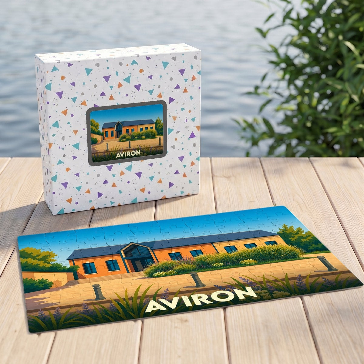 Puzzle souvenir de la ville d'Aviron avec une illustration stylisée d'un bâtiment paysager.