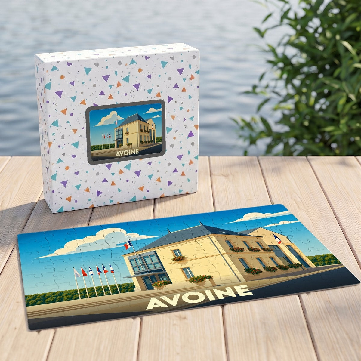 Puzzle souvenir de la ville d'Avoine avec une illustration stylisée de son hôtel de ville, présenté à côté de sa boîte.