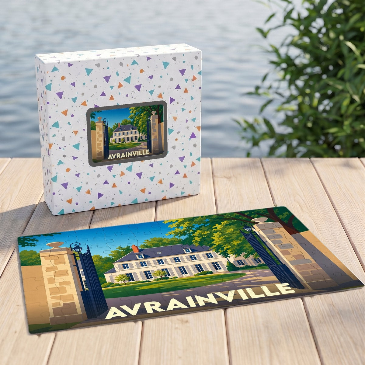 Puzzle souvenir de la ville d'Avrainville avec une illustration stylisée d'un manoir.