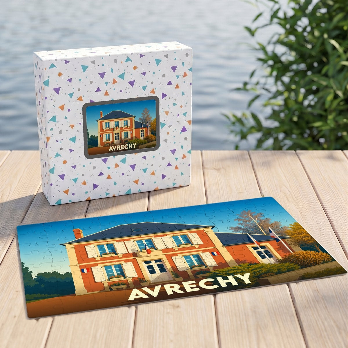Puzzle souvenir de la ville d'Avrechy avec une illustration stylisée d'un bâtiment communal.