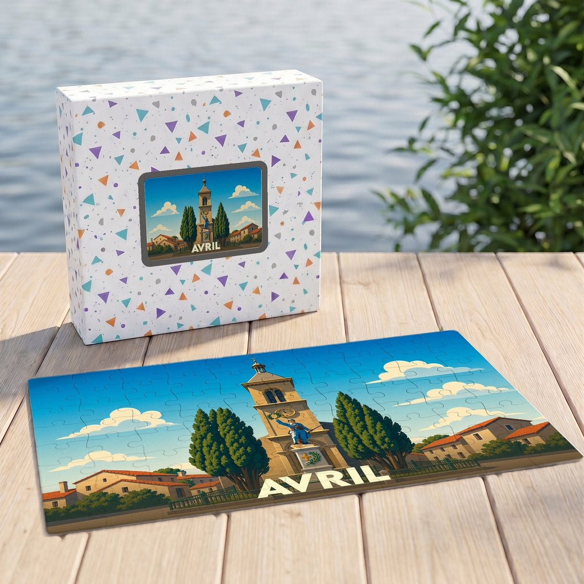 Puzzle souvenir de la ville d'Avril avec une illustration stylisée d'un clocher et de maisons sous un ciel d'été.