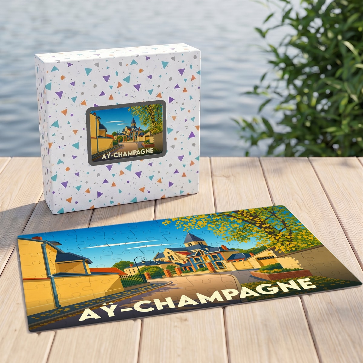 Puzzle souvenir de la ville de Aÿ-Champagne avec une illustration stylisée d'un paysage urbain.