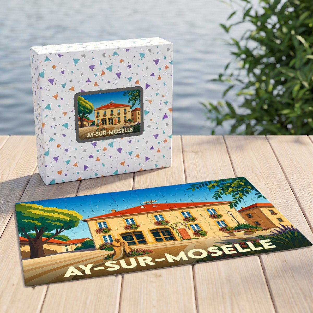 Puzzle souvenir de la ville d'Ay-sur-Moselle avec une illustration colorée et stylisée de son architecture.