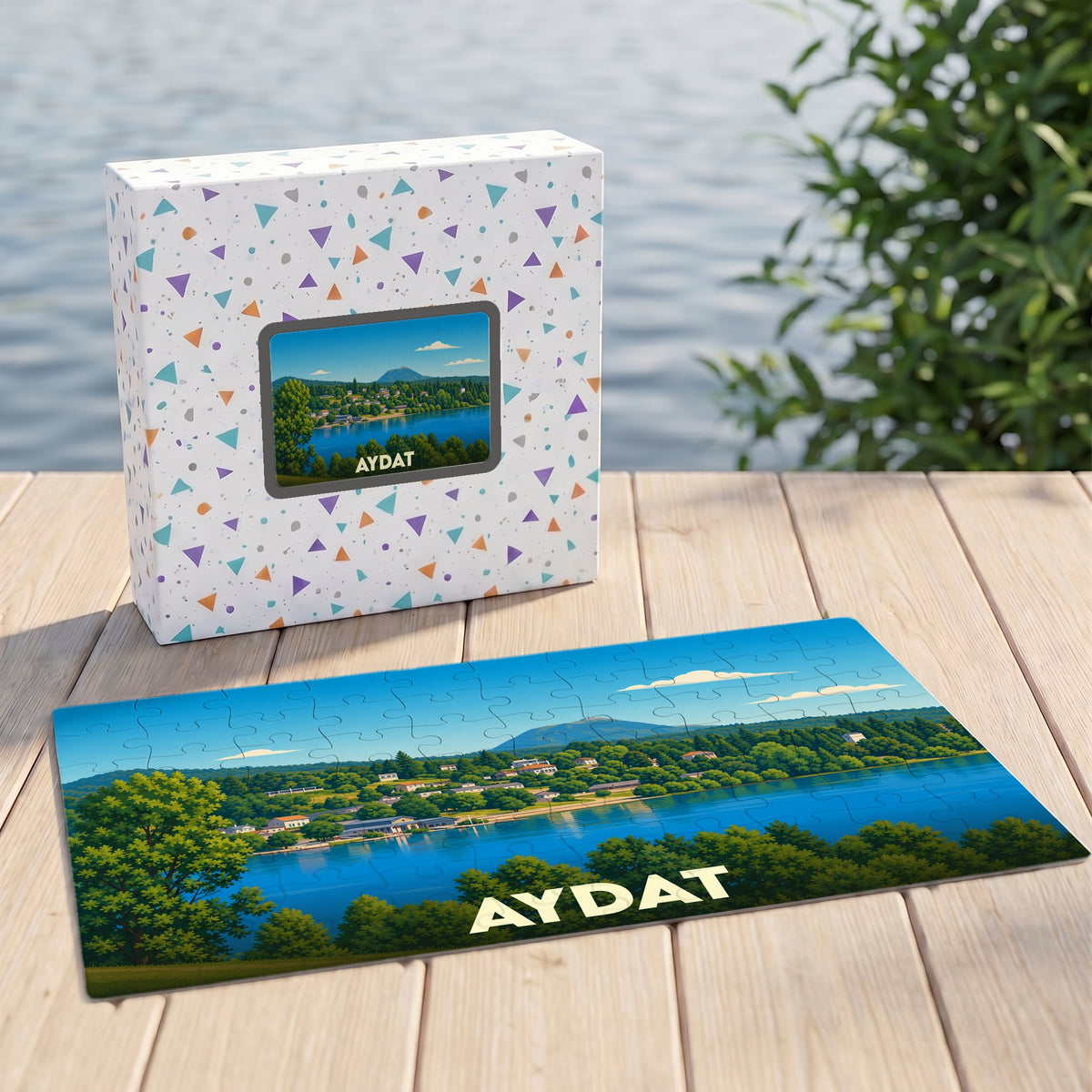 Puzzle souvenir du lac d'Aydat avec une illustration stylisée et colorée du paysage.