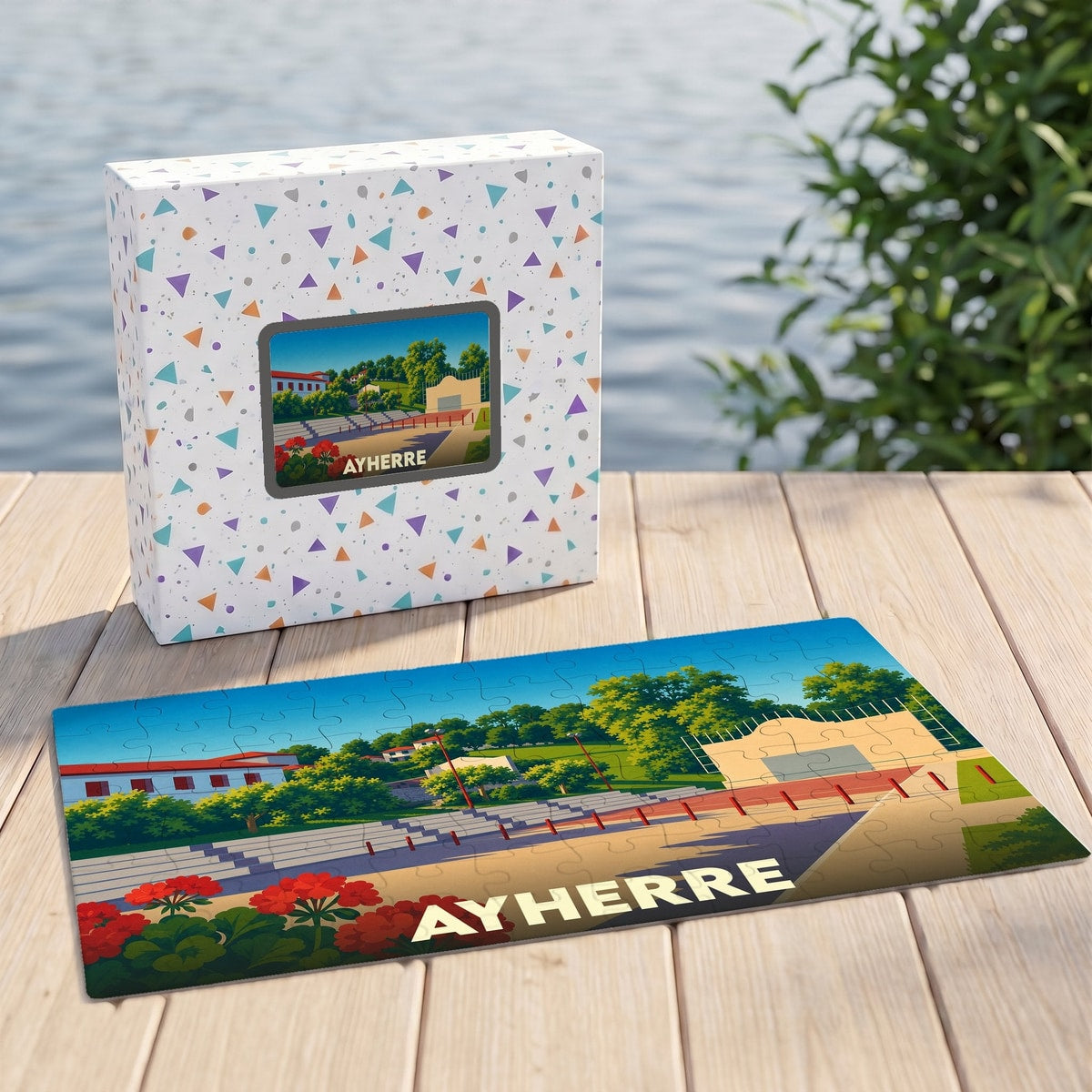 Puzzle souvenir de la ville d'Ayherre avec une illustration colorée et stylisée de ses paysages.