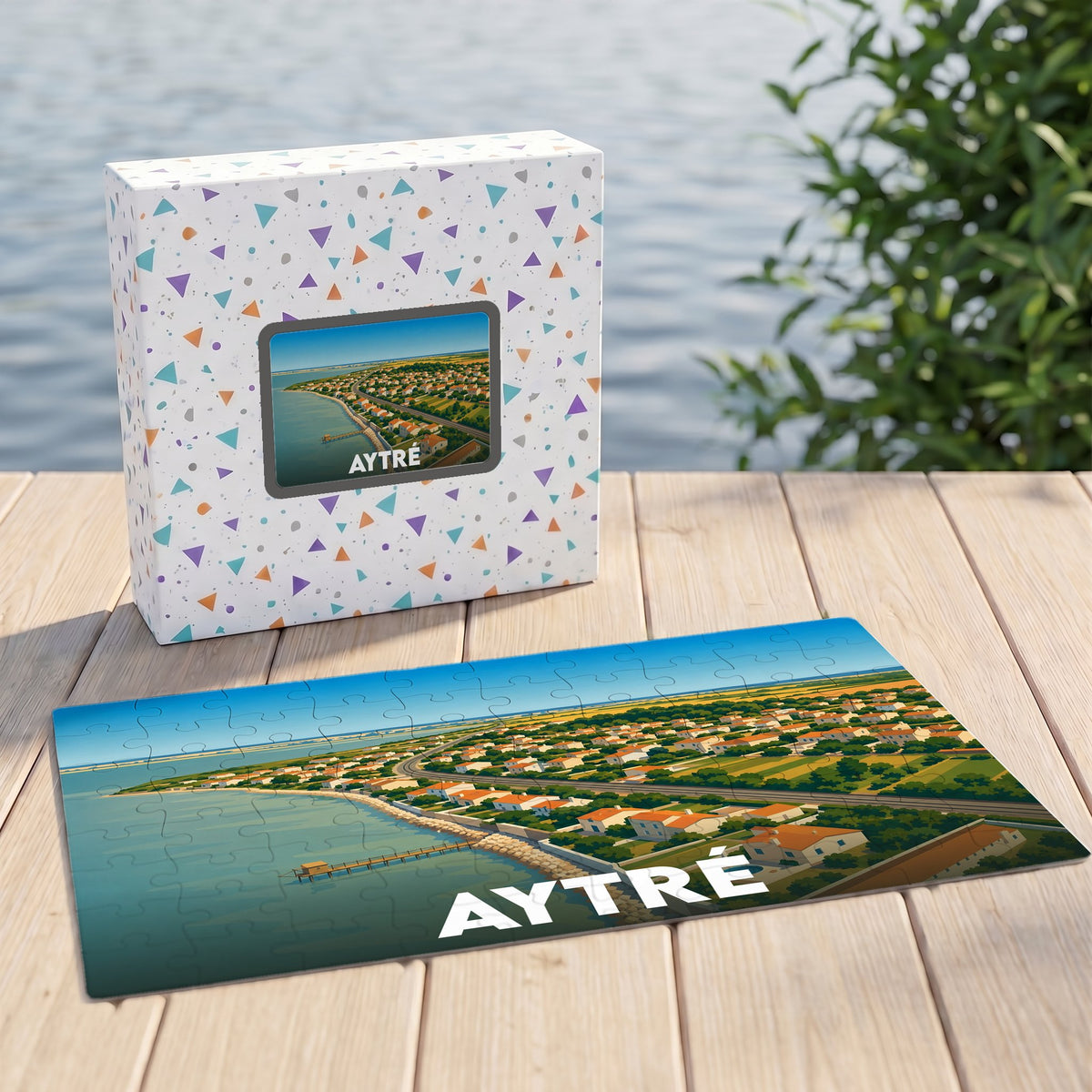 Puzzle souvenir de la ville d'Aytré avec une illustration stylisée de son bord de mer.