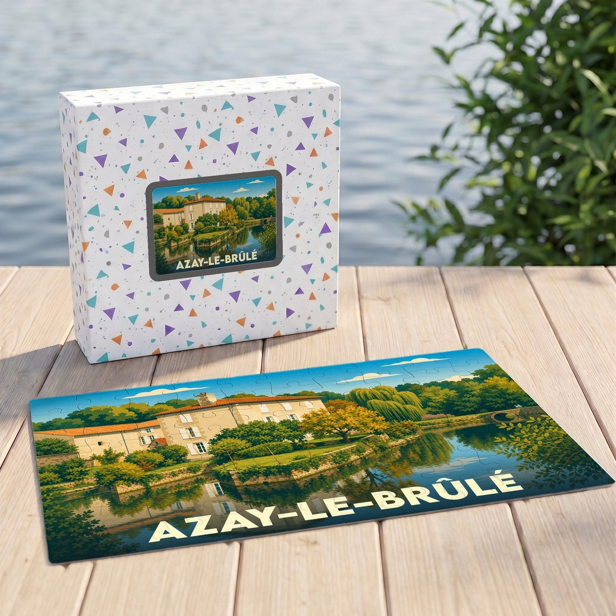 Puzzle souvenir de la ville d'Azay-le-Brûlé avec son illustration de paysage et sa boîte assortie.