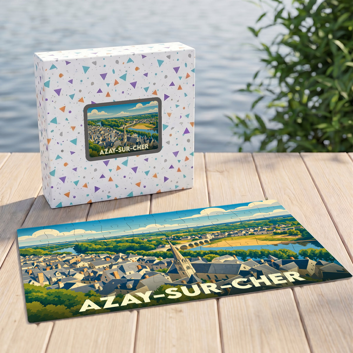 Puzzle souvenir de la ville de Azay-sur-Cher avec une illustration panoramique stylisée.