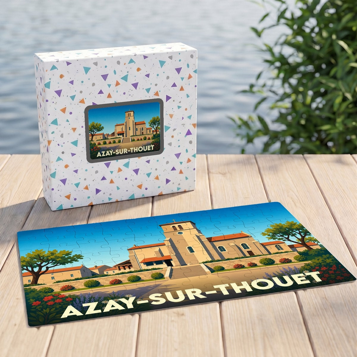 Puzzle souvenir de la ville d'Azay-sur-Thouet avec une illustration stylisée de son église.