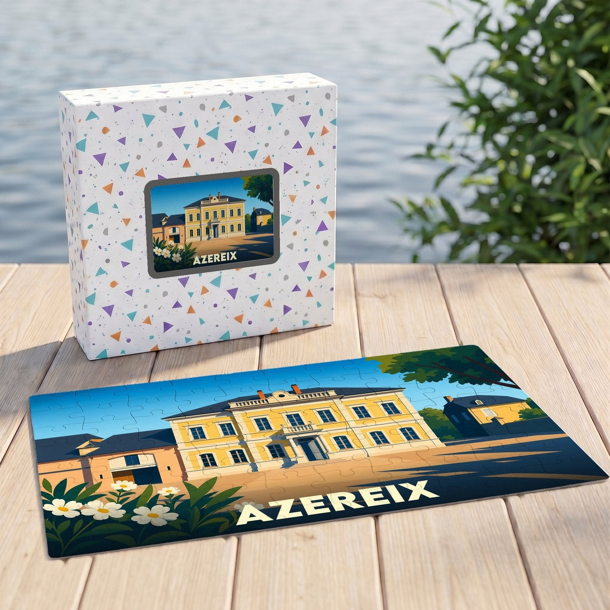 Puzzle souvenir de la ville d'Azereix avec une illustration stylisée de sa mairie.