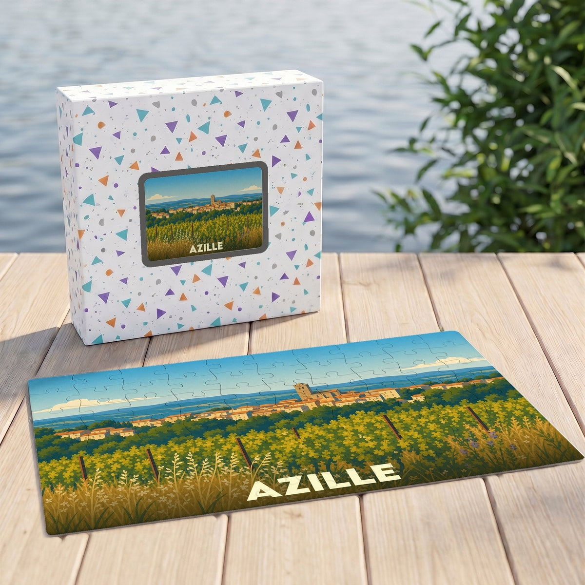 Puzzle souvenir de la ville d'Azille avec une illustration de paysage de vignobles et son emballage assorti.
